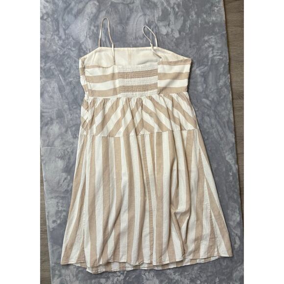 Linen Blend Neutral Beige Stripe Sleeveless Dress XL Midi Smocking Casual H&M - Picture 10 of 10